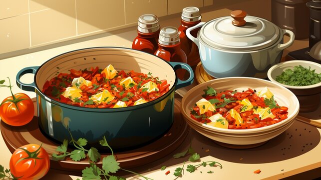 Cozy kitchen scene with a pot simmering on the stove and ingredients neatly arranged on the countertop, inviting viewers to join in the cooking process. Painting Illustration style, Minimal and