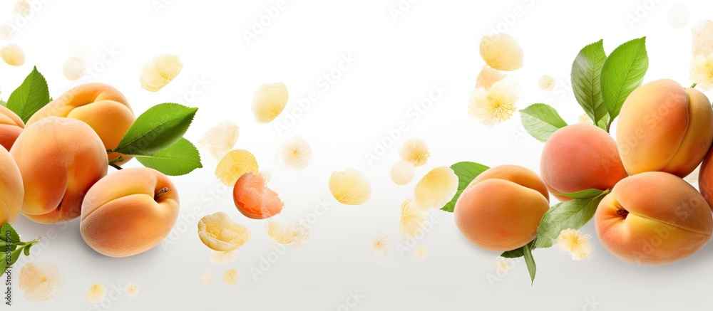 Poster summer fruit concept set of fesh apricots falling isolated on white background with clipping path. Creative banner. Copyspace image