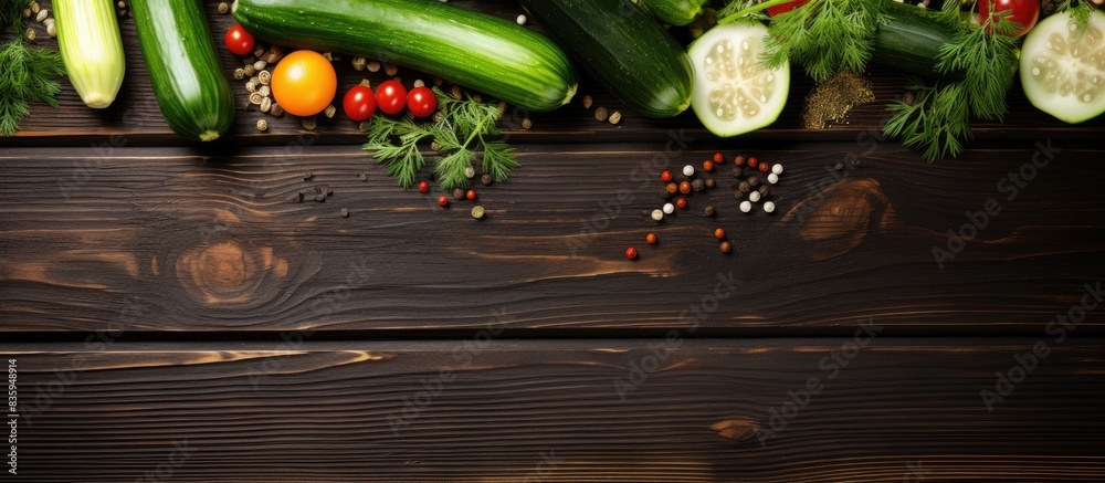 Poster Raw zucchini and cucumbers with different seeds on the wooden background top view. Creative banner. Copyspace image