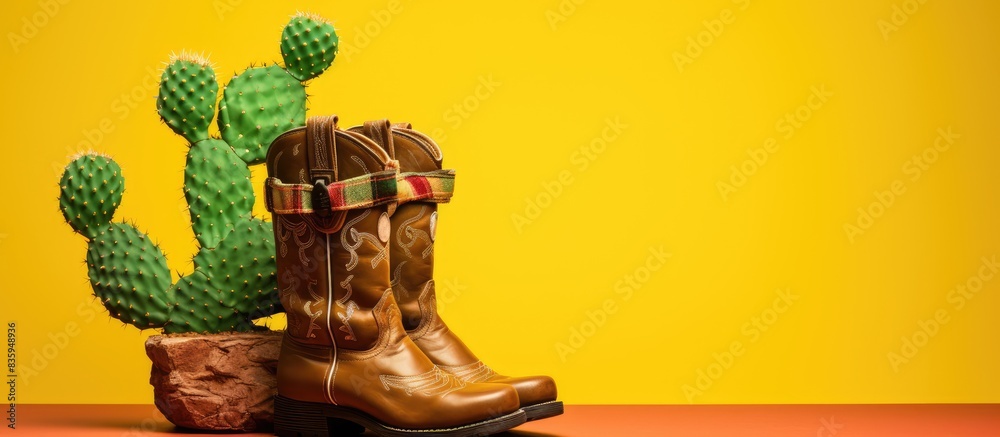 Poster cactus on yellow background and boots. creative banner. copyspace image