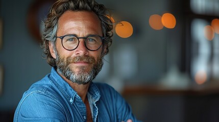 creative confident and successful male entrepreneur in blue shirt and black glasses with beard crossing hands on chest and smiling with pleased happy expression .stock photo - Powered by Adobe