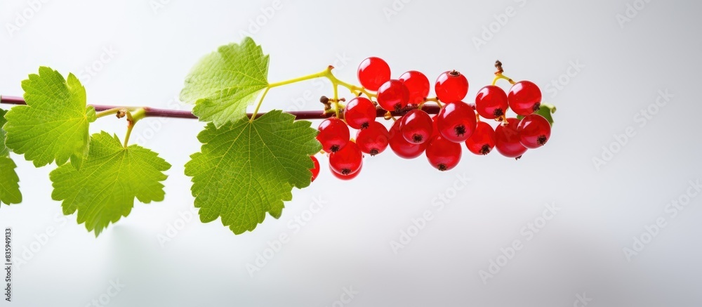 Poster juicy ripe red currant lonely hovering on a sprig. creative banner. copyspace image
