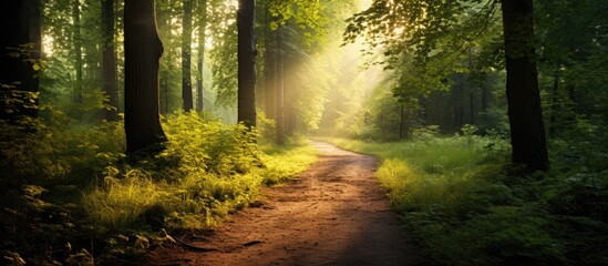 Obraz premium Lane running through the spring deciduous forest at dawn. Creative banner. Copyspace image