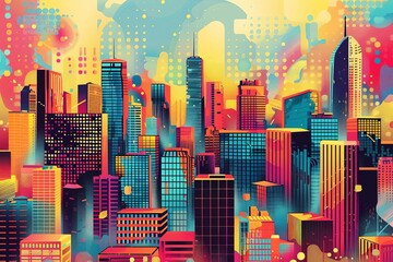 Obraz premium Vibrant abstract cityscape with colorful skyscrapers and artistic design, capturing the energy and dynamism of urban life.