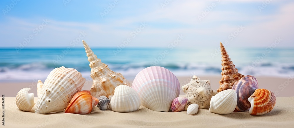 Poster sea shells with sand as background season specific. creative banner. copyspace image