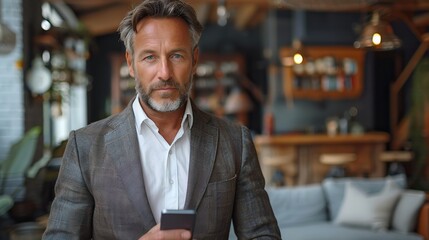 businessman standing with smart phone in office .stock illustration