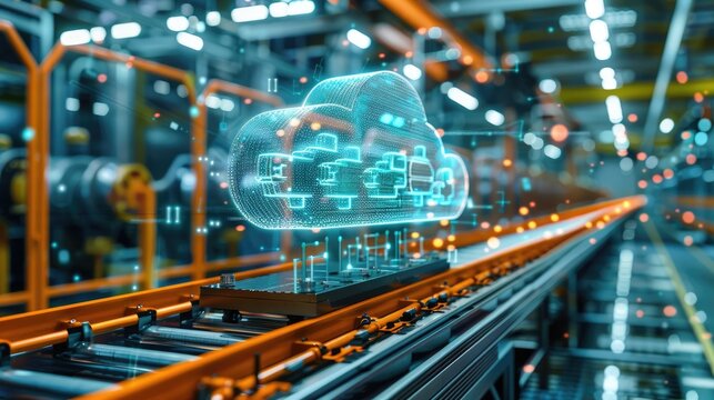 Industrial cloud computing hologram over machinery concept