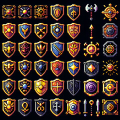 Pixel art RPG golden shields collection