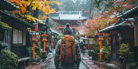 man traveling in traditional japanese city Kyoto in momiji season. ai generated