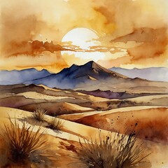 watercolor landscape of golden sunset in dune desert over the mountains, wallpaper painting background