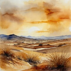 desert sunset over mountains, watercolor painting with soft yellow tones, capturing the fading sunlight against the rugged desert terrain