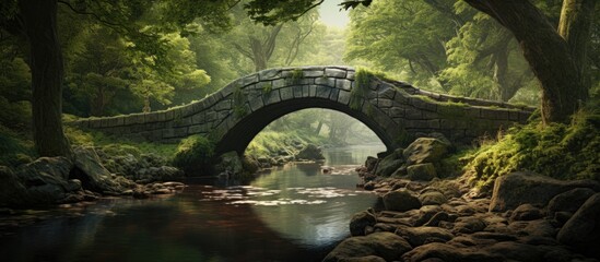 Old road bridge across small river. Creative banner. Copyspace image