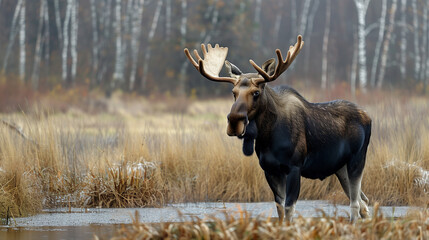 Fototapeta premium Moose Grazing in Meadow