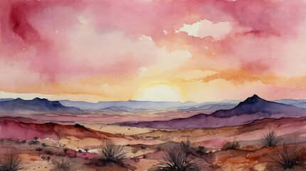 watercolor painting of desert sunset over mountains, pink hues spreading across the sky, blending with the desert landscape in a tranquil evening scene