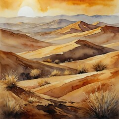 watercolor landscape at sunset, art with shades of golden and yellow, depicting the serene beauty of the desert horizon meeting the dusky sky