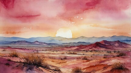 pink sunset in desert over mountains, watercolor landscape, painting background with soft hues blending into the horizon, capturing the serenity of the desert twilight