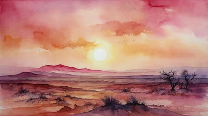 watercolor landscape of pink sunset in desert over the mountains, wallpaper painting background