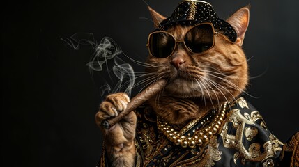 Fototapeta premium Cat wearing sunglasses, smoking a cigar, and a gold necklace The cat wore a black hoodie and had a gold chain around her neck. The background is also black.