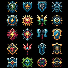 Pixel Art RPG Icons Set with Lightning Shields