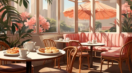 Fototapeta premium Cozy cafe ambiance with patrons enjoying cups of coffee and slices of freshly baked pie, a comforting escape from the hustle and bustle. Painting Illustration style, Minimal and Simple,