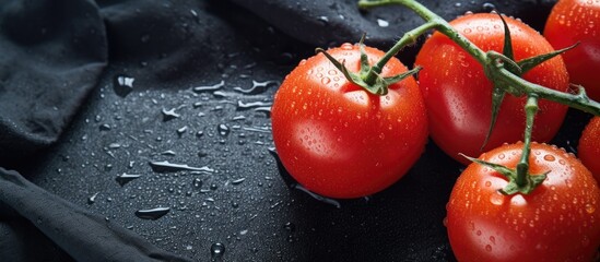Close up of fresh red ripe organik tomatoes with water drops on branches dark linen napkin Selective focus Top view Concept of vegetarian and healthy food. Creative banner. Copyspace image - Powered by Adobe
