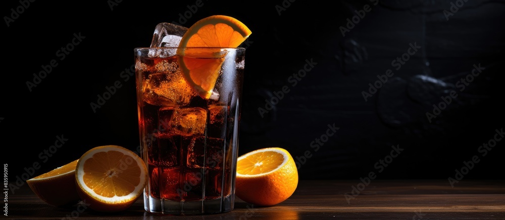 Poster dark cocktail with cola and oranges on black background. creative banner. copyspace image