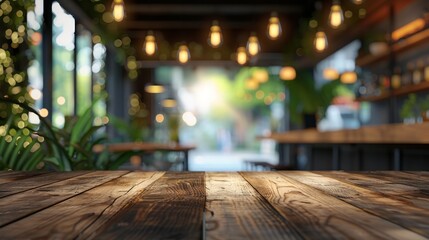 Empty wooden table top for product display, presentation stage. Blurry restaurant with lights in the background.	
