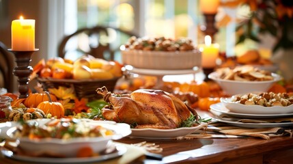 Festive Thanksgiving dinner table with traditional dishes and family