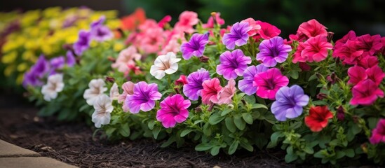 Obraz premium Petunia flowers bloom petunia blossom Petunia flowers in garden Close up of a flowerbed with multi colored petunias. Creative banner. Copyspace image