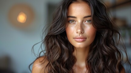 Fototapeta premium beauty brunette girl with long and shiny wavy black hair beautiful woman model with curly hairstyle. stock image