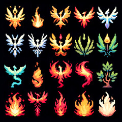 Pixel Art RPG Icons Set with Phoenix Flames