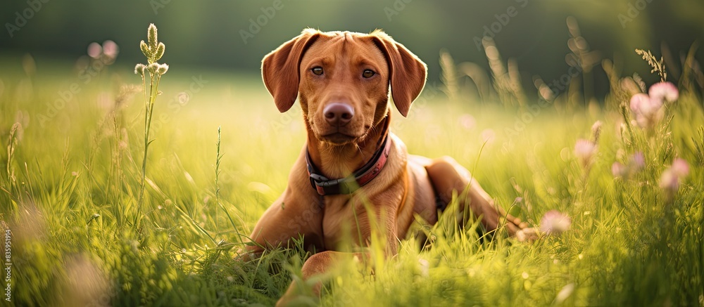 Poster portrait of a fox red labrador retriever sitting on a green meadow. creative banner. copyspace image