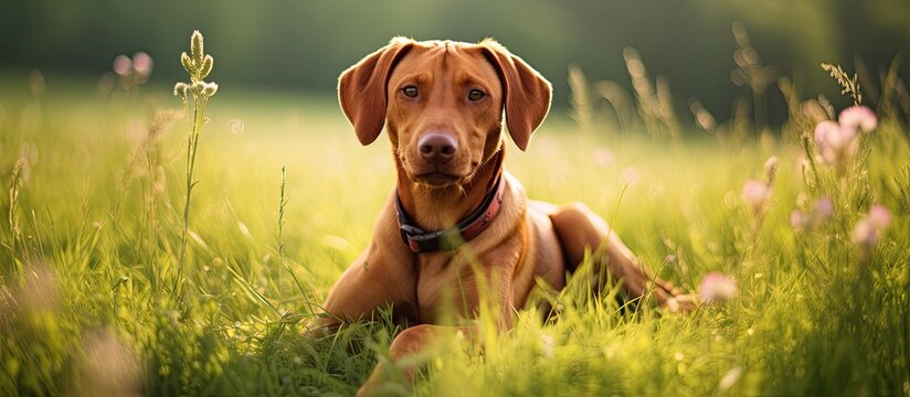 Portrait of a fox red labrador retriever sitting on a green meadow. Creative banner. Copyspace image