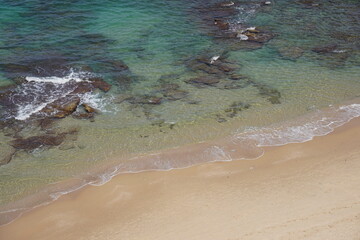 Mediterranean sea in spring.  Deserted shorekurkar sandstone cliff nature reserve, high above the Mediterranean sea coastline between Herzliya and Netanya towns, Israel.