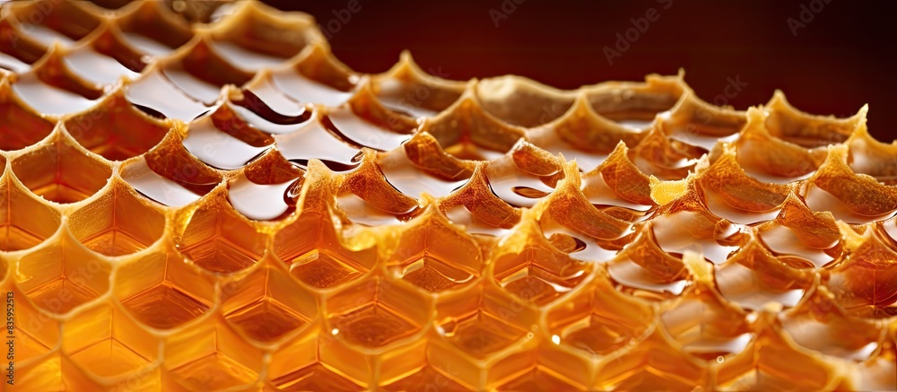 Poster honeycomb with cells full of fresh honey macro photography. creative banner. copyspace image