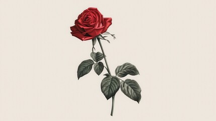 Fototapeta premium Drawing of a red rose with long stem, on white backdrop