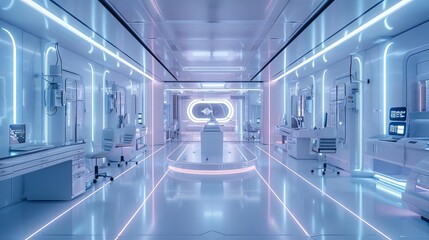 Obraz premium Hightech science laboratory with AI assistants, Futuristic, Sterile whites and neon accents, 3D rendering, Showcasing cuttingedge research