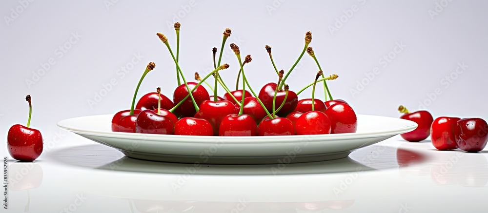 Wall mural fresh cherries on white plate. creative banner. copyspace image