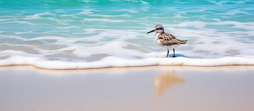 Sandpiper bird wading in the surf at the beach. Creative banner. Copyspace image