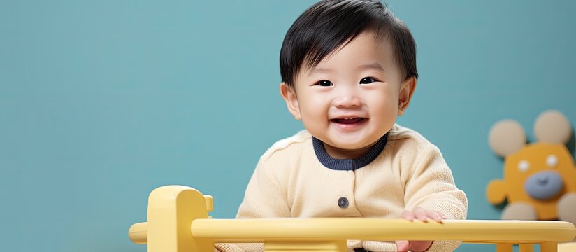 Potrait image of adorble and cute happy Asian Chinese baby boy sit on baby chair playing toy. Creative banner. Copyspace image