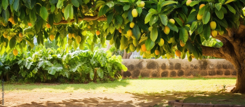 Poster a litle mango tree in the garden. creative banner. copyspace image
