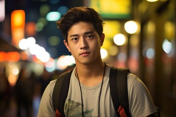 A young man wearing a gray shirt and backpack stands in a city street at night