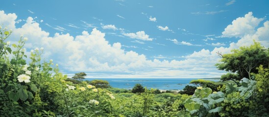 Obraz premium the view on the sky through the plant on the embankment in normandy. Creative banner. Copyspace image