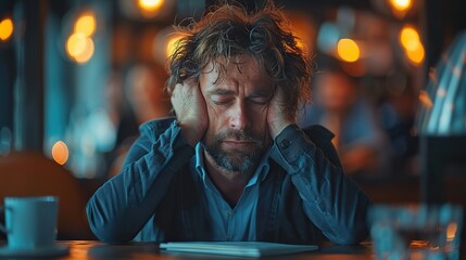 mental health businessman with a headache and at a business meeting with colleagues in a boardroom office at their workplace stress or depression anxiety or tired. stock image