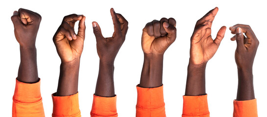 Set of black Hand in orange sweater gestures isolated on transparent background
