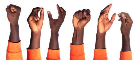 Set of black Hand in orange sweater gestures isolated on transparent background
