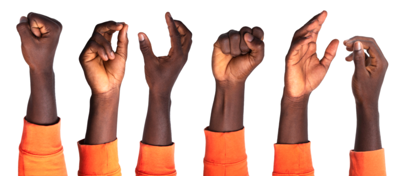 Set of black Hand in orange sweater gestures isolated on transparent background
