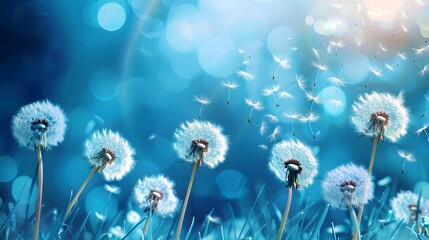 A serene blue background with dandelions, their seeds floating away in the wind, symbolizing freedom and hope.