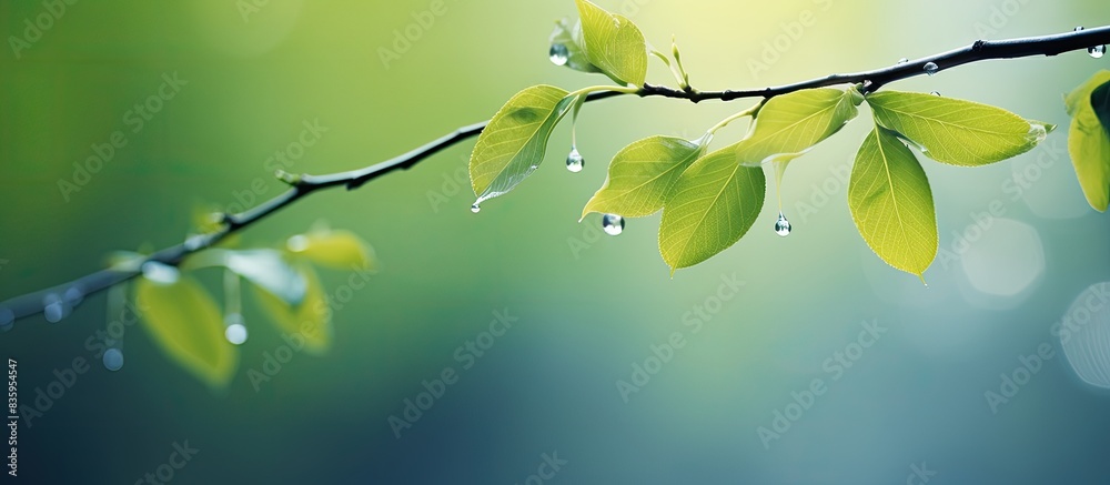 Poster Young leaves on a tree branch with wet drops in the spring. Creative banner. Copyspace image