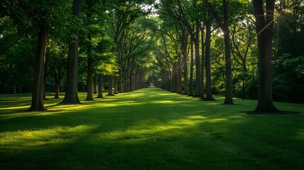 Obraz premium A serene park with rows of tall trees and lush green grass, leading to an empty path under the dappled sunlight.